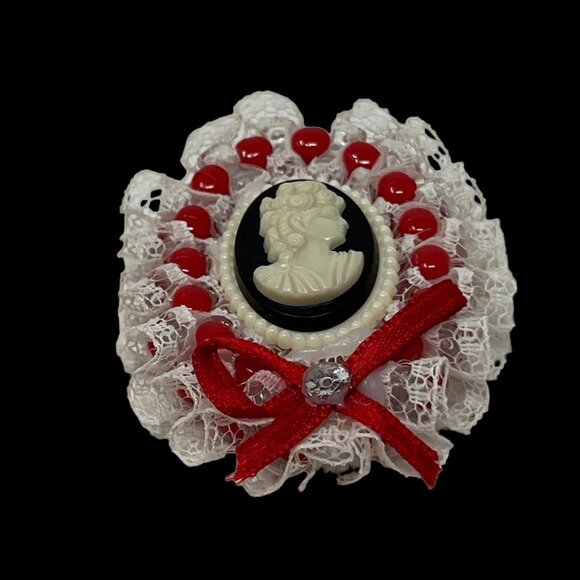 Handmade Cameo Brooch Acrylic Lace Red Bow Beaded Pin - Picture 4 of 6